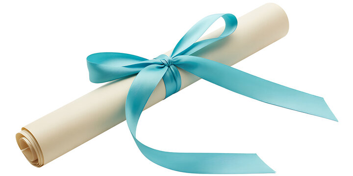Rolled diploma scroll tied with a light blue satin ribbon on white background