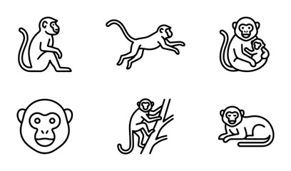 Fototapeta premium Set of 6 Minimalist Monkey Icons, Vector Graphics for Wildlife and Zoo Themes, Simple Line Art
