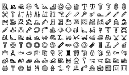 Obraz premium Industrial Construction and Utility Machinery Thin Line Vector Icon Collection