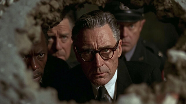 Grave Concern: A group of men, including a distinguished individual in glasses and military personnel, peer through a crack in the earth, their expressions etched with worry and determination.