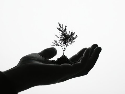 Silhouette of a hand holding a small sapling isolated on white background