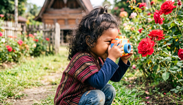 Little girl playing photographer with toy camera in rose garden