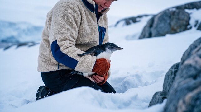 Keeper cradles penguin chick in pristine snow on a hopeful arctic rescue.