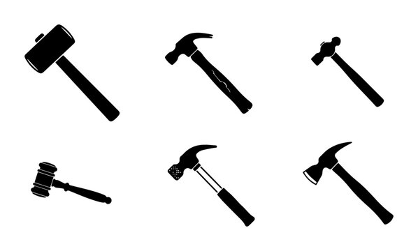 Hammer Collection Vector Icons: Sledgehammer, Claw Hammer, Ball-Peen, Mallet, and Judge's Gavel for DIY and Construction