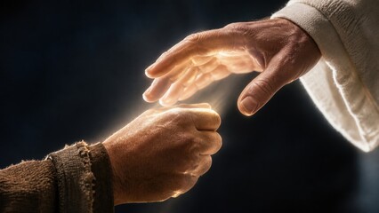 Fototapeta premium Man reaching out to accept divine guidance from an angel. Symbolic representation of faith and the birth of Christ. Biblical scene inspired by the gospel according to Matthew.