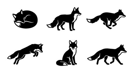 Obraz premium Black Fox Vector Icons Set: Wild Animal Silhouettes for Nature and Wildlife Graphics