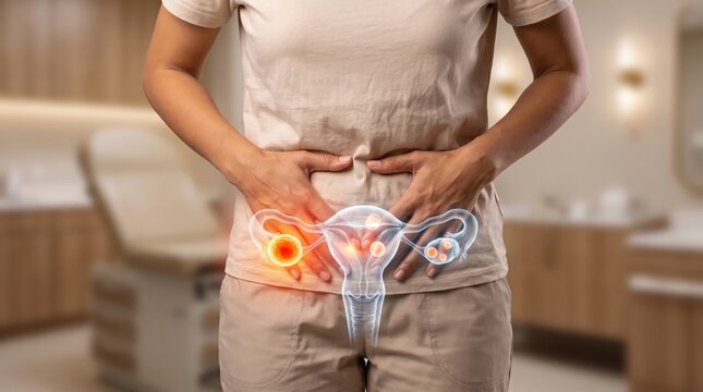 Woman holding lower abdomen with highlighted graphic showing uterus and ovarian pain or cyst condition.