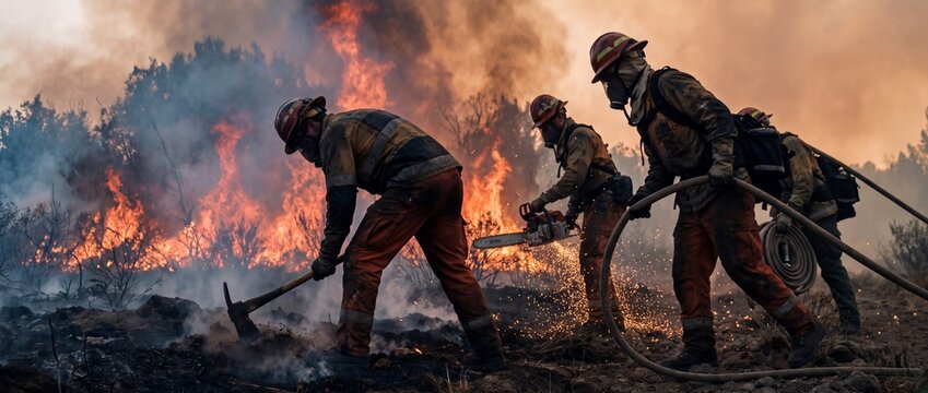 Wildfire hotshot crew digging a trench into scorched earth amid consuming flames