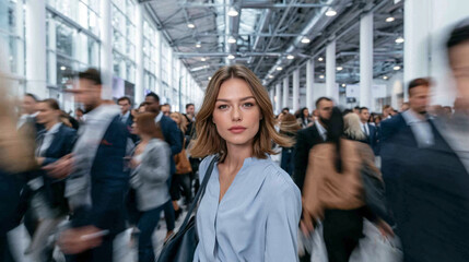 Obraz premium The Lone Star in the Crowd: A young woman stands out amidst the blur of a bustling crowd, her steady gaze conveying a sense of confidence and determination.