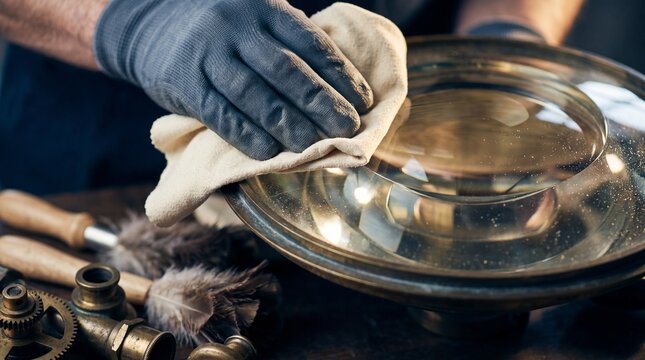 Polishing an antique Fresnel lens optic with tools in a skilled workshop