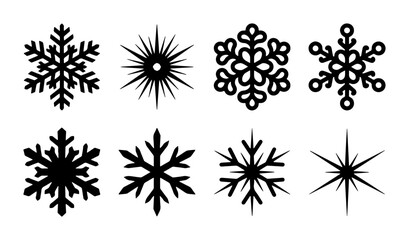Obraz premium Set of 8 Black Snowflakes Vector Icons, Winter Holiday Decorative Elements, Cold Weather Symbols