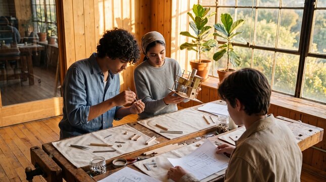 Three teenagers collaborating on a mechanical model workbench during golden hour.