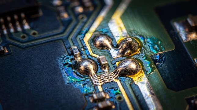 Intricate solder joints forming connection pathways on a blue circuit board.