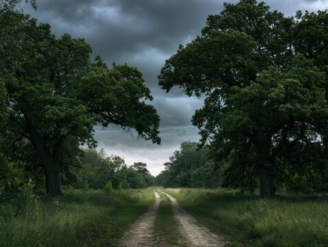 A moody, atmospheric dirt path winding through a dense forest under a dramatic, dark, and cloudy stormy sky