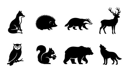 Obraz premium Forest Wildlife Silhouette Icons: Fox, Hedgehog, Badger, Deer, Owl, Squirrel, Bear, Wolf