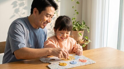 Obraz premium Asian father and young daughter playing with wooden puzzle, happy family bonding at home, bright natural light in living room, educational toy for child development