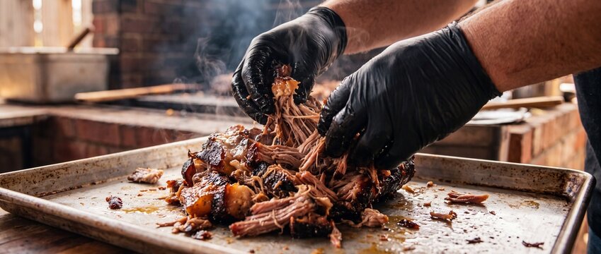 Succulent pulled pork being shredded by hands wearing black gloves on stainless steel tray for savory barbecue culinary art presentation