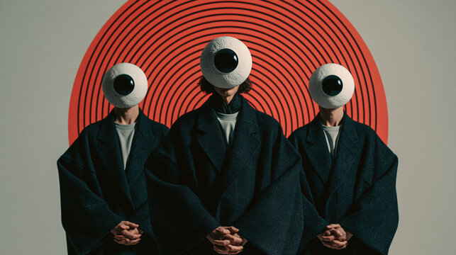 Mysterious figures with giant eyeballs for heads stand in formation, an ominous red circular pattern behind them, evoking a sense of the uncanny and surreal.