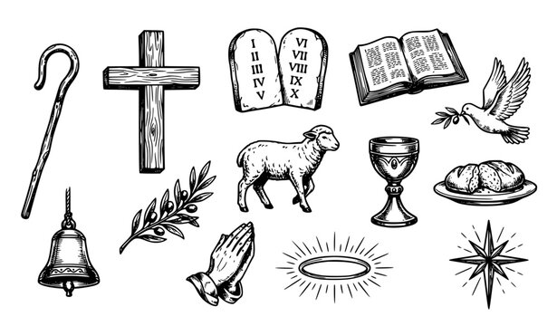 Create a unique vintage-inspired Christian biblical line-art collection with hand-sketched symbols including a wooden cross, stone tablets, open scripture book, shepherd staff, lamb, dove, olive branc