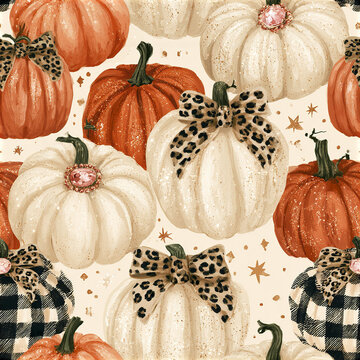 Autumn pumpkin pattern with white and orange gourds decorated with leopard print bows and sparkling gems, festive and elegant