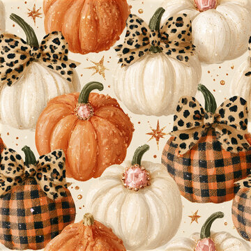 Autumn pumpkin pattern with white and orange gourds decorated with leopard print bows and glittering stars for festive mood