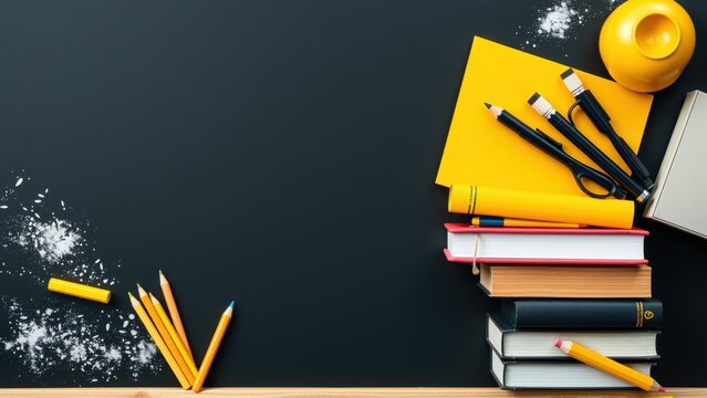 Stationery rests upon shelf. Books, pencils, scissors, lamp present. Dark background provides contrast, study space implied.