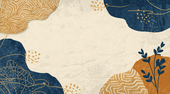 Abstract Japanese style background featuring beige textured paper, indigo and ochre fluid shapes, gold botanical line art, and wavy patterns with copy space.