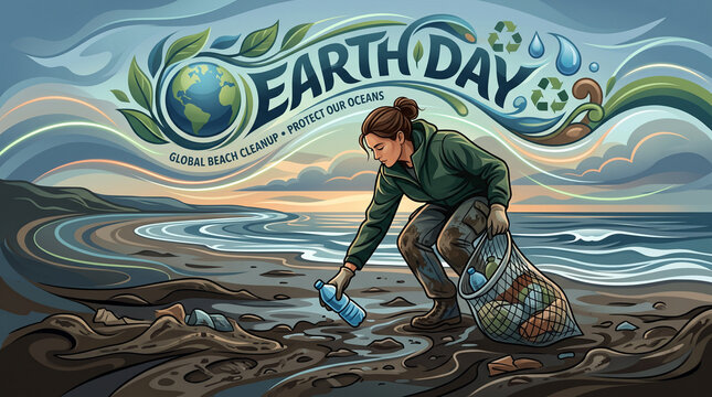 A person cleaning up a polluted beach during Earth Day, surrounded by waves and greenery, highlighting environmental protection efforts