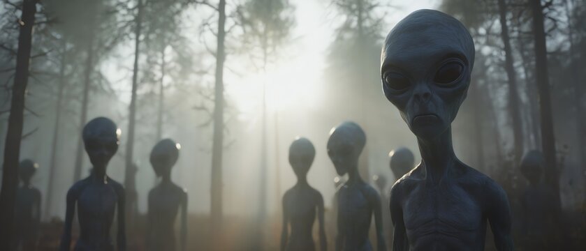 Mysterious aliens in a foggy forest setting.