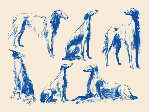 Collection of handdrawn borzoi dog sketches in blue ink, capturing various elegant poses and movements, artistic canine illustrations on a light cream background