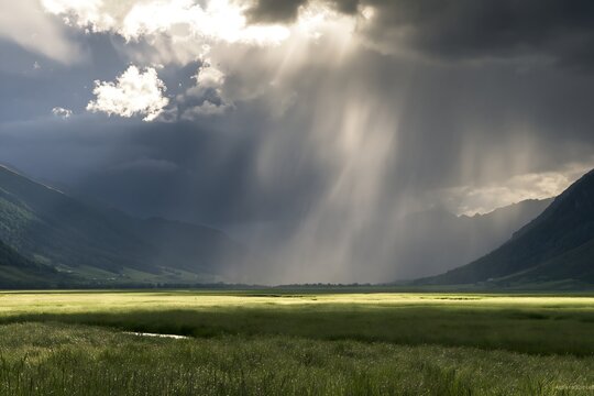 Sonnenstrahlen durchbrechen dunkle Gewitterwolken &uuml;ber einer gr&uuml;nen Bergwiese