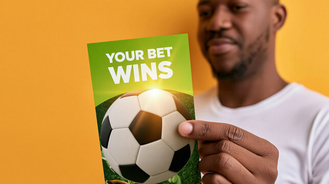 Soccer Bet Wins Brochure: A man proudly holds a brochure displaying Your Bet Wins next to a soccer ball, symbolizing a successful wager.