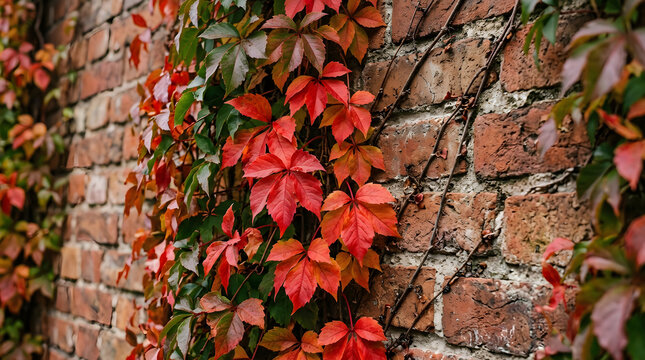 Vivid red and green ivy leaves climbing on old weathered brick wall outdoors.