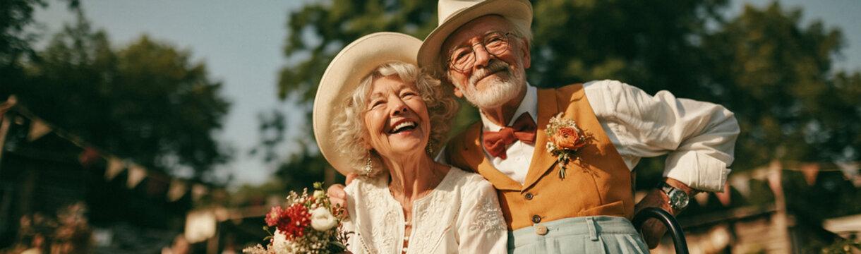 Elderly Couple's Joyful Celebration: A beaming elderly couple, dressed in charming vintage attire, shares a moment of pure happiness and laughter amidst a festive outdoor gathering.