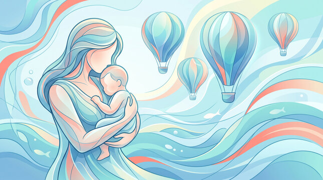 A mother tenderly holding her baby, with hot air balloons floating in the sky above a flowing water landscape. This illustration evokes feelings of love, hope, and new beginnings
