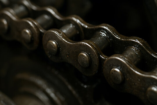 Macro close up of an oily metal roller chain link with dark industrial texture