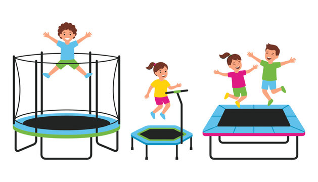 Happy Kids Jumping on Trampolines Vector Icon Set Featuring Backyard Trampoline with Safety Net Mini Rebounder Handlebar and Square Bouncing Mat for Playground Websites