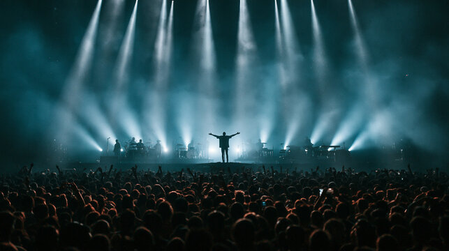 Concert of Lights and Sound: A lone performer stands center stage, arms outstretched, bathed in the dramatic glow of numerous spotlights as a massive, adoring audience fills the stadium below.