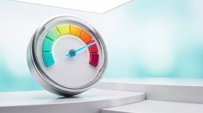 Sleek 3D speedometer gauge icon with colorful scale pointing to maximum level on a white modern surface with copy space.