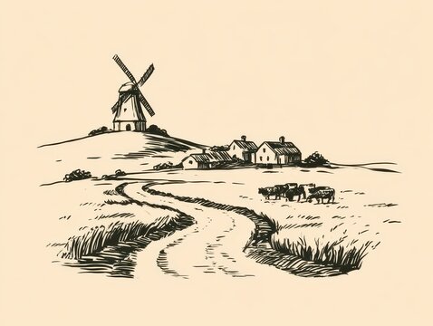 Vintage style ink sketch of a rural farm landscape with a windmill on a hill and grazing cows