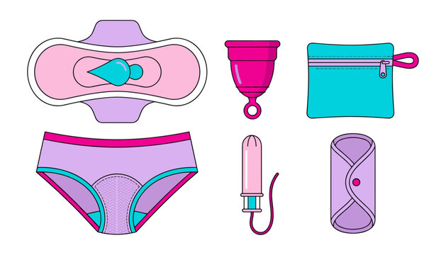 Menstrual Hygiene and Period Care Product Vector Icon Set Featuring Sanitary Pad Menstrual Cup Tampon Underwear Reusable Liner and Pouch for Women Health Apps and Websites