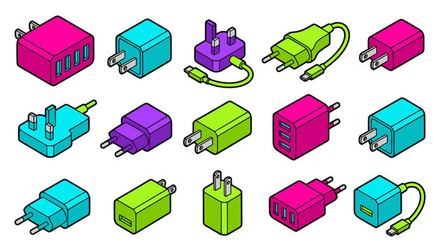 Isometric Wall Charger Adapter and Power Plug Vector Icon Set Featuring Global Electrical Outlets USB Blocks Fast Charging Bricks and Cables for Technology Apps and Websites