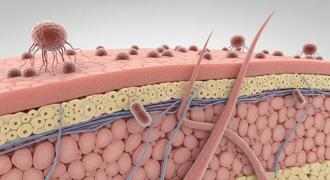 Microscopic View of Bacteria and Cancer Cells on Human Skin