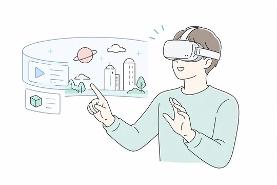 VRヘッドセットを装着して仮想空間を体験する男性のイラスト