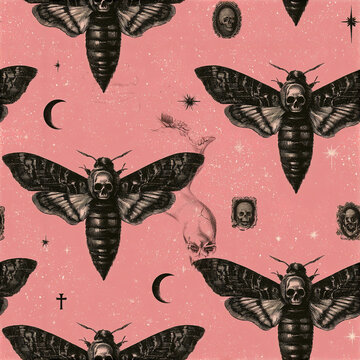 Death head moth with skull seamless pattern on pink background with stars and crescent moon