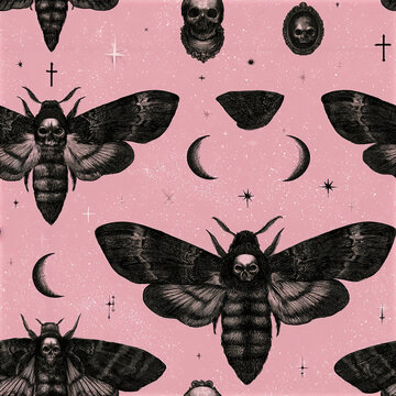 Pastel goth moth skull pattern with crescent moon and cross on pink background, spooky and ornate seamless design
