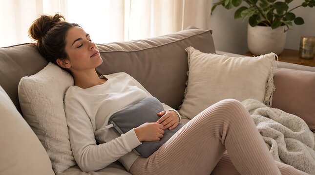Young woman lying on sofa with eyes closed holding warm heating pad on abdomen, soothing home relaxation mood