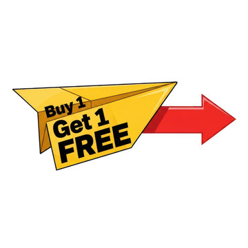Buy 1 get 1 free paper plane sticker sign with red arrow isolated on transparent background