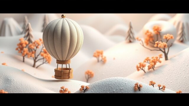 Stylized winter landscape. Hot air balloon floats above snowy hills, orange bushes dot terrain. Soft lighting creates peaceful scene.
