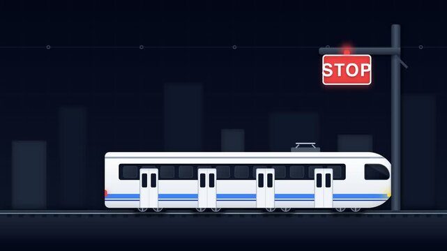 Modern Commuter Train Animation Moving Past Illuminated Stop Sign in Night City